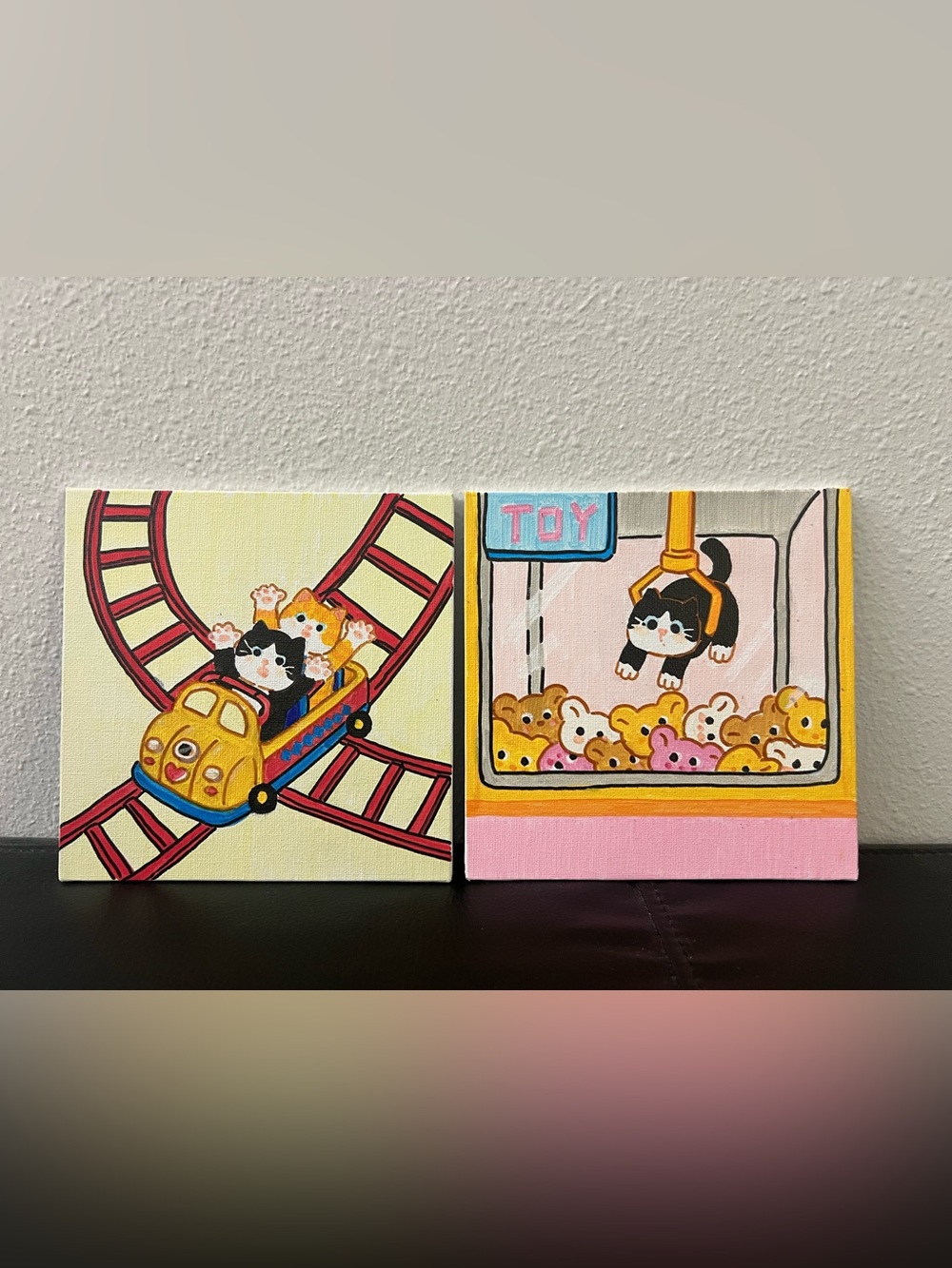 Set of 2- The Great Feline Carnival Adventure hand-painted 6x6 Acrylic Painting